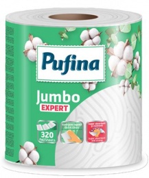 Háztartási papírtörlő, 2 rétegű, 320 lap, 1 tekercses, PUFINA "Expert", hófehér
